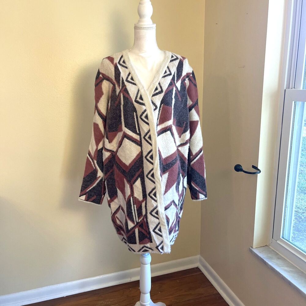 Southwestern Black Ivory Open Front Cardigan Sz 3X Cowgirl Geometric Cozy NEW
